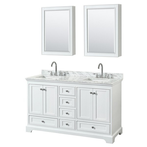 WYNDHAM COLLECTION WCS202060DWHCMUNSMED DEBORAH 60 INCH DOUBLE BATHROOM VANITY IN WHITE WITH COUNTERTOP, SINKS AND MEDICINE CABINETS