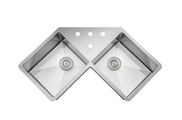 WELLS SINKWARE NCU3333-1010-BF NEW CHEF'S COLLECTION HANDCRAFTED 46 INCH 16 GAUGE UNDERMOUNT BUTTERFLY EQUAL DOUBLE BOWL STAINLESS STEEL CORNER KITCHEN SINK