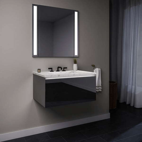ROBERN 24119400SB00001 CURATED CARTESIAN 24 INCH SINGLE DRAWER TINTED GRAY MIRROR GLASS VANITY WITH LYRA TOP AND SELECTABLE 2700K/4000K NIGHT LIGHT