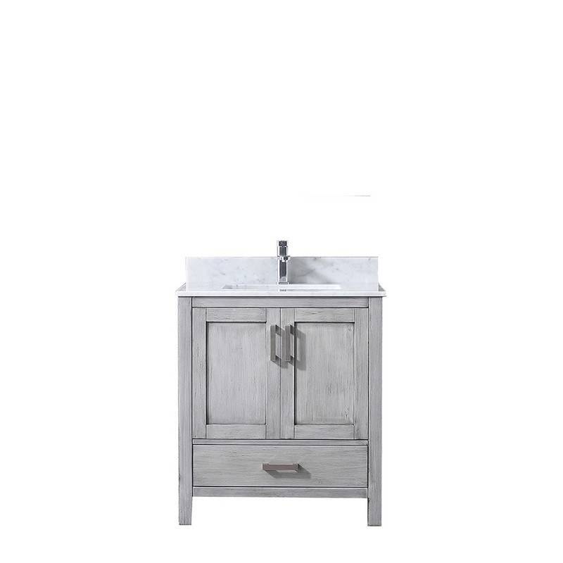 LEXORA LJ342230SDDS000 JACQUES 30 INCH SINGLE VANITY DISTRESSED GREY, WHITE CARRARA MARBLE TOP, WHITE SQUARE SINK AND NO MIRROR