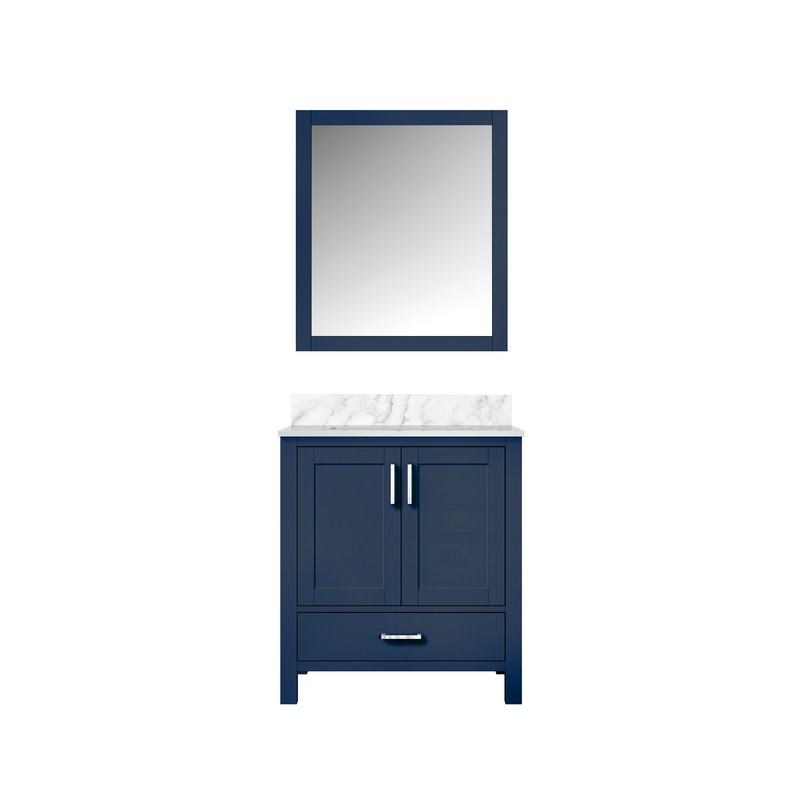 LEXORA LJ342230SEDSM28 JACQUES 30 INCH SINGLE SINK BATH VANITY WITH CARRARA MARBLE TOP AND 28 INCH MIRROR - NAVY BLUE