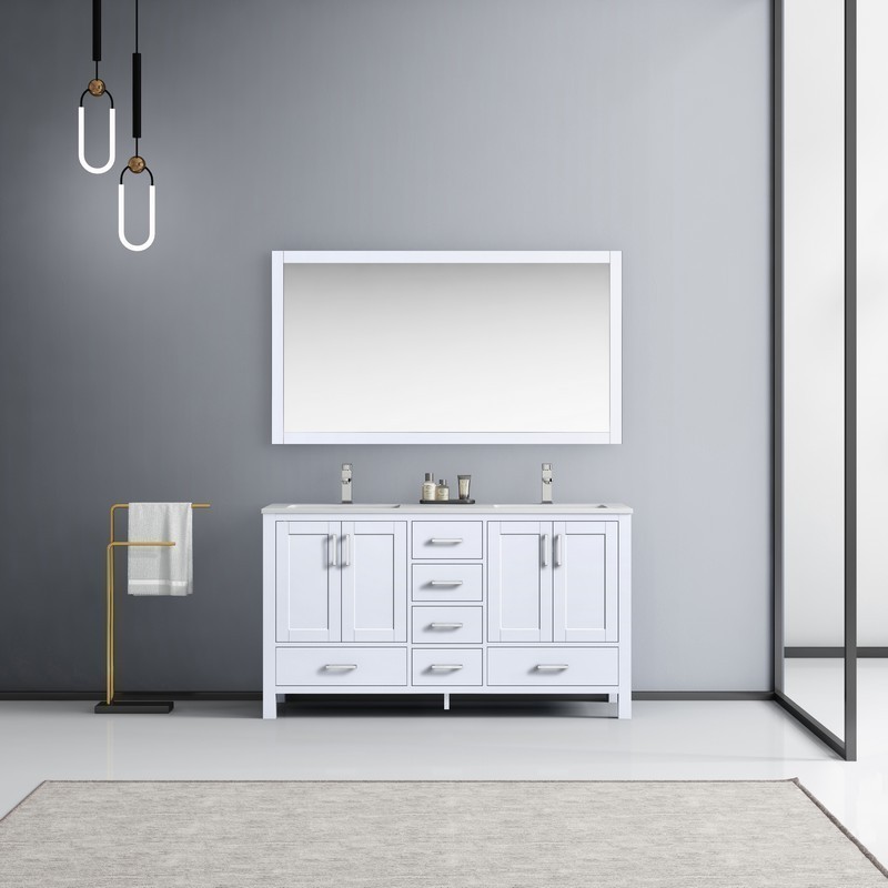 LEXORA LJ342260DADSM58F JACQUES 60 INCH WHITE DOUBLE VANITY WITH WHITE CARRARA MARBLE TOP, WHITE SQUARE SINKS, FAUCETS AND 58 INCH MIRRORS