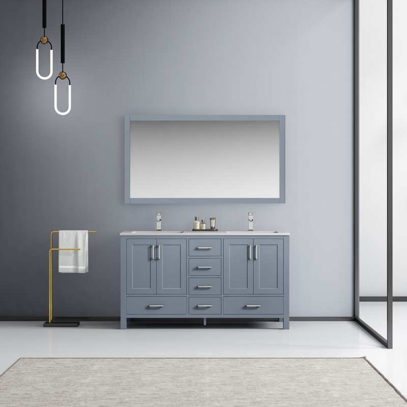 LEXORA LJ342260DBDSM58F JACQUES 60 INCH DARK GREY DOUBLE VANITY WITH WHITE CARRARA MARBLE TOP, WHITE SQUARE SINKS, FAUCETS AND 58 INCH MIRRORS