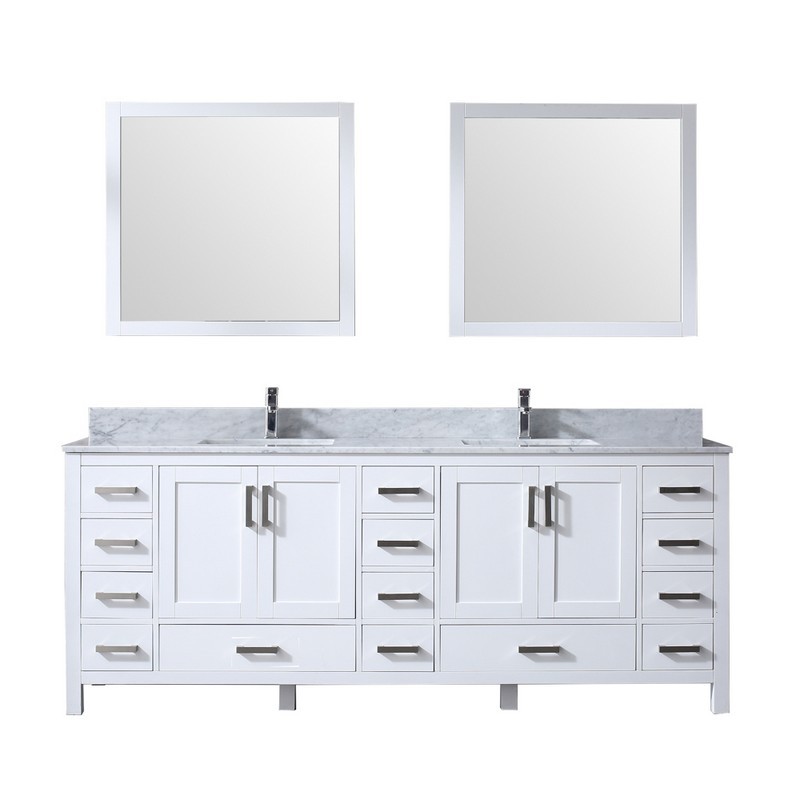 LEXORA LJ342284DADSM34 JACQUES 84 INCH DOUBLE VANITY WHITE, WHITE CARRARA MARBLE TOP, WHITE SQUARE SINKS AND 34 INCH MIRRORS