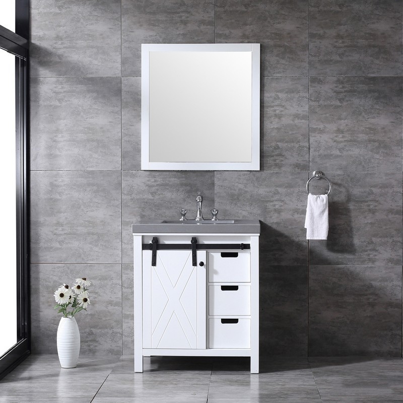 LEXORA LM342230SAASM28F MARSYAS 30 INCH WHITE SINGLE VANITY WITH GREY QUARTZ TOP, WHITE SQUARE SINK, FAUCET AND 28 INCH MIRROR