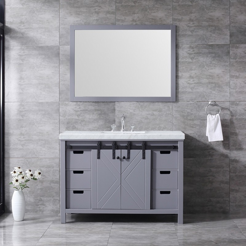 LEXORA LM342248SBBSM44F MARSYAS 48 INCH DARK GREY SINGLE VANITY WITH WHITE CARRARA MARBLE TOP, WHITE SQUARE SINK, FAUCET AND 44 INCH MIRROR