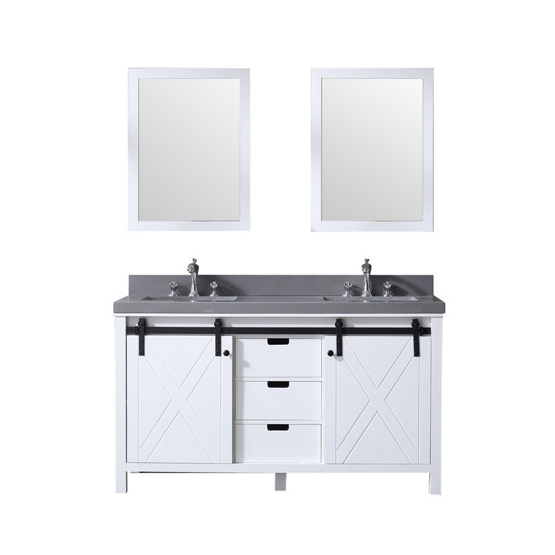 LEXORA LM342260DAASM24 MARSYAS 60 INCH DOUBLE VANITY WHITE, GREY QUARTZ TOP, WHITE SQUARE SINKS AND 24 INCH MIRRORS