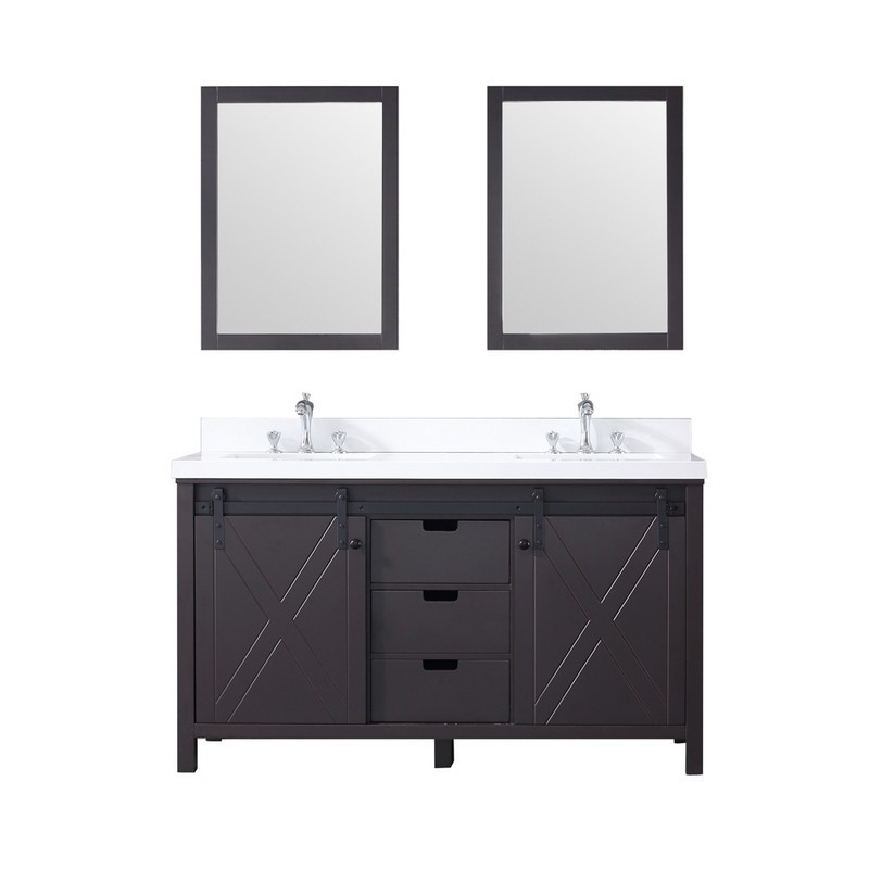 LEXORA LM342260DCCSM24 MARSYAS 60 INCH DOUBLE VANITY BROWN, WHITE QUARTZ TOP, WHITE SQUARE SINKS AND 24 INCH MIRRORS