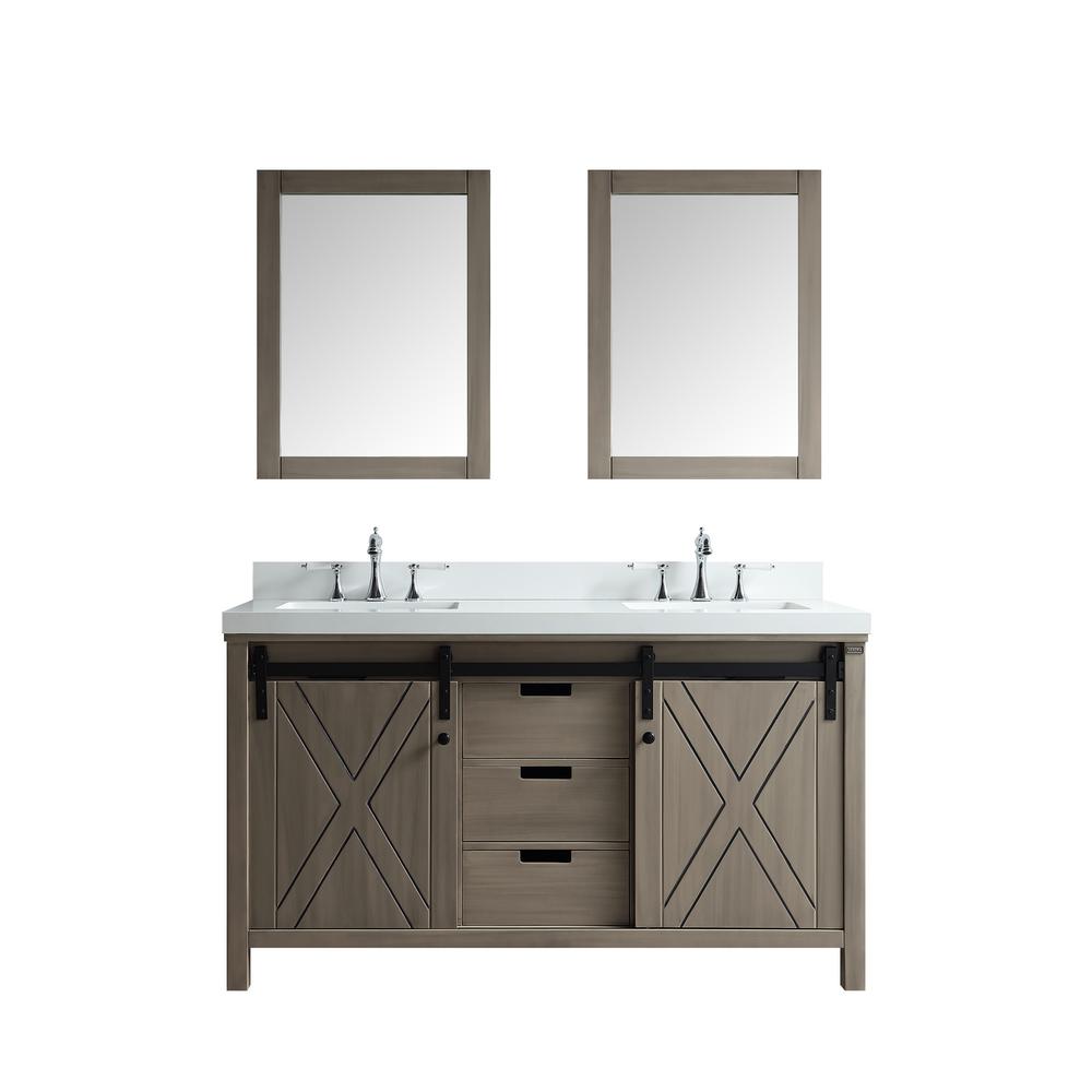 LEXORA LM342260DHCSM24 MARSYAS 60 INCH DOUBLE VANITY ASH GREY, WHITE QUARTZ TOP, WHITE SQUARE SINKS AND 24 INCH MIRRORS