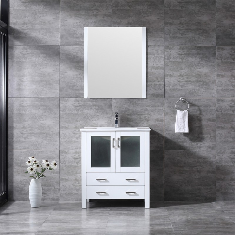LEXORA LV341830SAESM28F VOLEZ 30 INCH WHITE SINGLE VANITY WITH INTEGRATED TOP, WHITE INTEGRATED SQUARE SINK, FAUCET AND 28 INCH MIRROR
