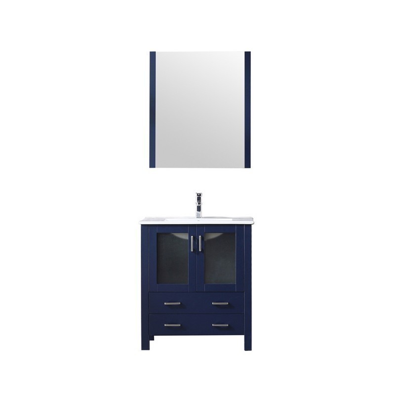 LEXORA LV341830SEESM28F VOLEZ 30 INCH NAVY BLUE SINGLE VANITY WITH INTEGRATED TOP, WHITE INTEGRATED SQUARE SINK, FAUCET AND 28 INCH MIRROR
