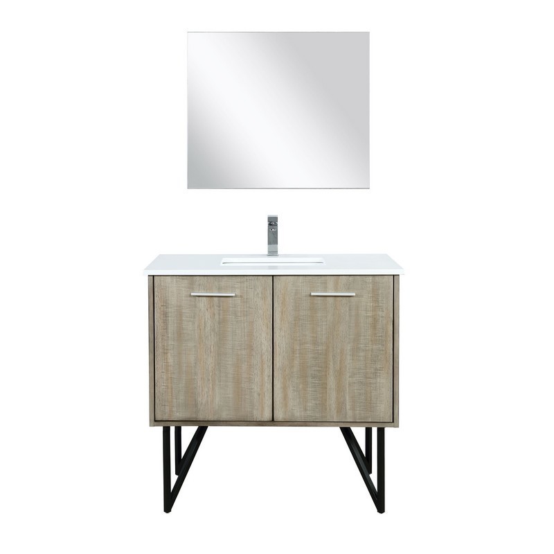LEXORA LLC36SKSOSM28FCH LANCY 36 INCH RUSTIC ACACIA BATHROOM VANITY WITH QUARTZ TOP, WHITE SQUARE SINK, MONTE CHROME FAUCET SET AND 28 INCH FRAMELESS MIRROR