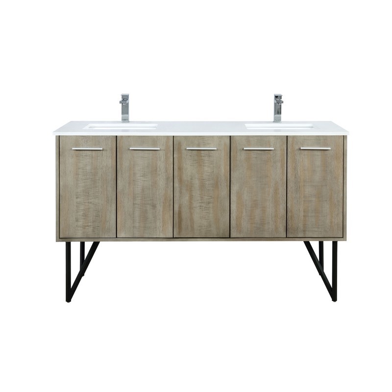 LEXORA LLC60DKSOS000FBN LANCY 60 INCH RUSTIC ACACIA DOUBLE BATHROOM VANITY WITH QUARTZ TOP, WHITE SQUARE SINKS AND LABARO BRUSHED NICKEL FAUCET SET