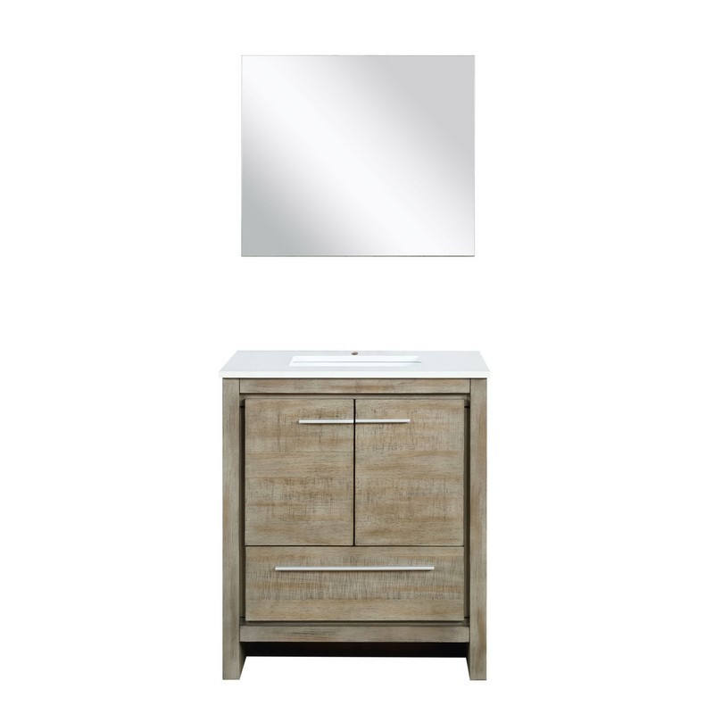 LEXORA LLF30SKSOSM28 LAFARRE 30 INCH RUSTIC ACACIA BATHROOM VANITY WITH QUARTZ TOP, WHITE SQUARE SINK AND 28 INCH FRAMELESS MIRROR