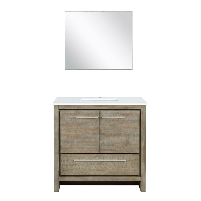 LEXORA LLF36SKSOSM28 LAFARRE 36 INCH RUSTIC ACACIA BATHROOM VANITY WITH QUARTZ TOP, WHITE SQUARE SINK AND 28 INCH FRAMELESS MIRROR