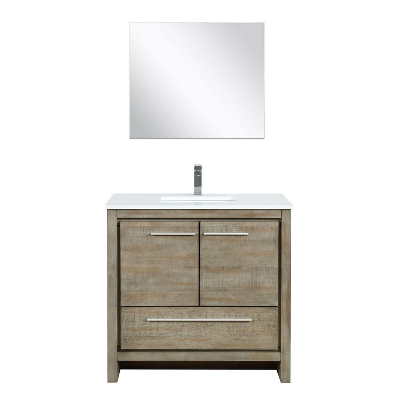 LEXORA LLF36SKSOSM28FBN LAFARRE 36 INCH RUSTIC ACACIA BATHROOM VANITY WITH QUARTZ TOP, WHITE SQUARE SINK, LABARO BRUSHED NICKEL FAUCET SET AND 28 INCH FRAMELESS MIRROR