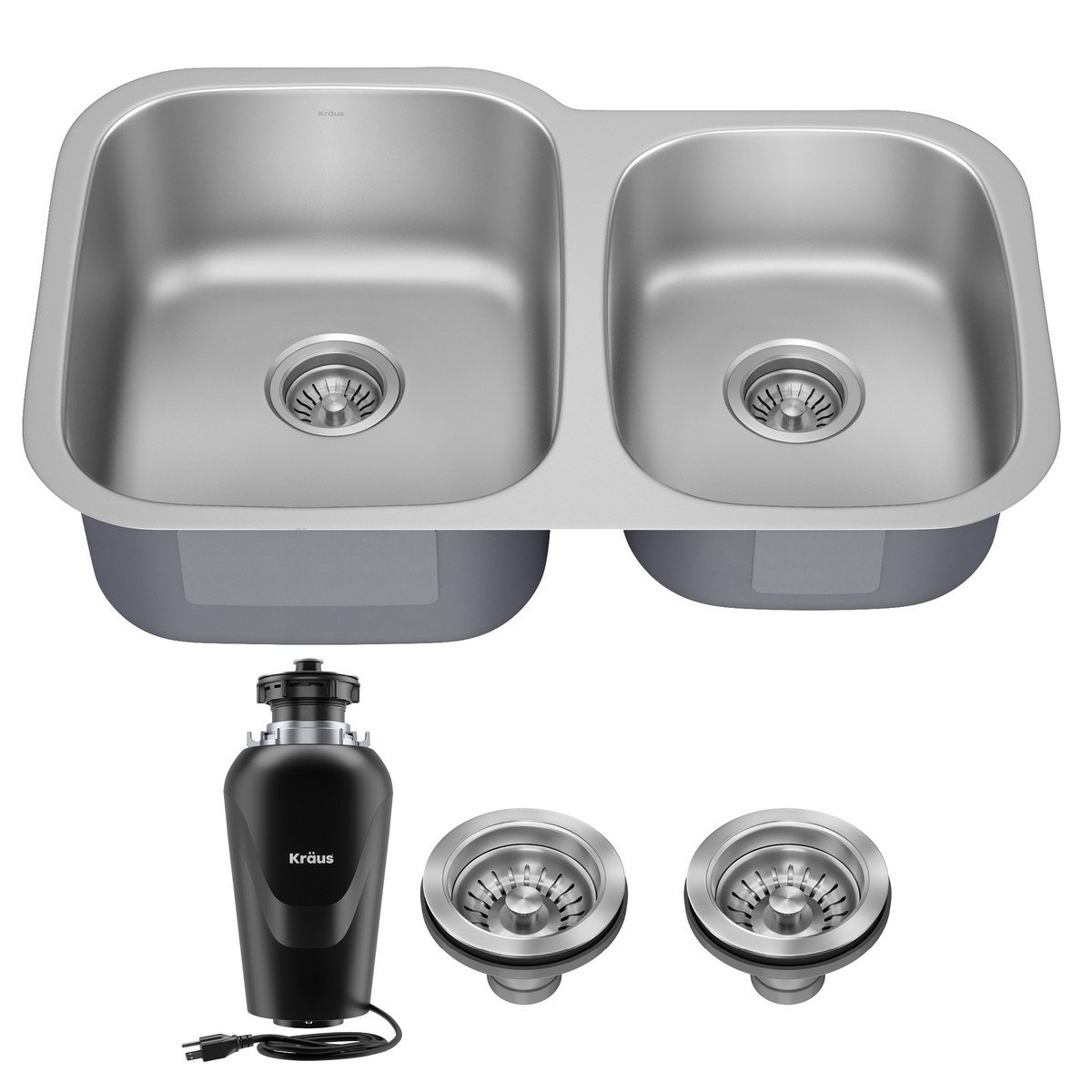 KRAUS KBU24-100-75MB PREMIER 32 INCH 16 GAUGE UNDERMOUNT 60/40 DOUBLE BOWL STAINLESS STEEL KITCHEN SINK WITH WASTEGUARD CONTINUOUS FEED GARBAGE DISPOSAL