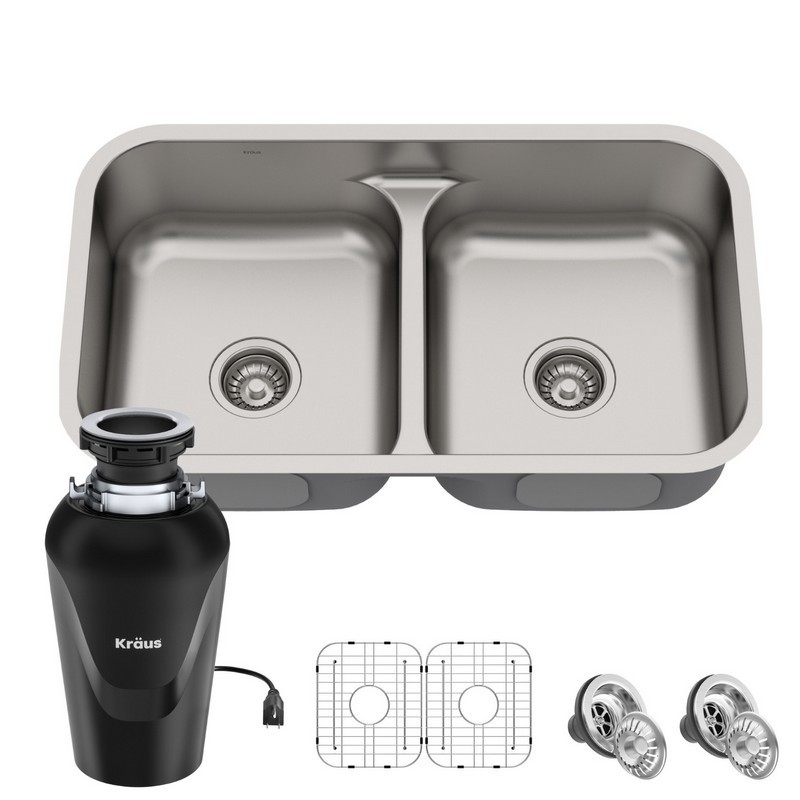 KRAUS KBU32-100-75MB PREMIER 32 INCH 16 GAUGE UNDERMOUNT 50/50 DOUBLE BOWL STAINLESS STEEL KITCHEN SINK WITH WASTEGUARD CONTINUOUS FEED GARBAGE DISPOSAL