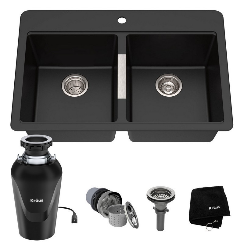 KRAUS KGD-433B-100-75MB 33 INCH DUAL MOUNT 50/50 DOUBLE BOWL GRANITE KITCHEN SINK W/ TOP MOUNT AND UNDERMOUNT INSTALLATION IN BLACK ONYX WITH WASTEGUARD CONTINUOUS FEED GARBAGE DISPOSAL