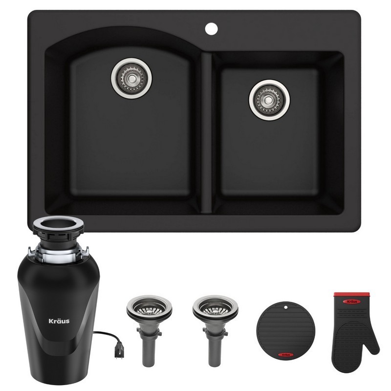 KRAUS KGD-50BL-100-75MB FORTEZA 33 INCH DUAL MOUNT 60/40 DOUBLE BOWL GRANITE KITCHEN SINK IN BLACK WITH WASTEGUARD CONTINUOUS FEED GARBAGE DISPOSAL