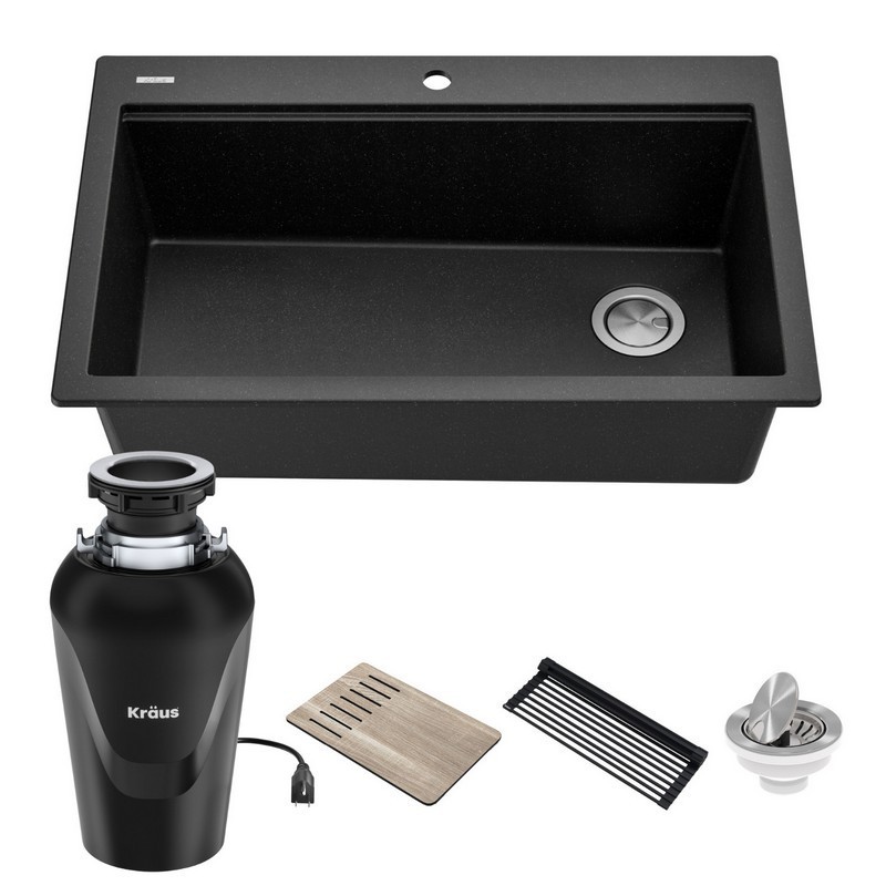 KRAUS KGTW2-33MB-100-75MB BELLUCCI WORKSTATION 33 IN. DROP-IN GRANITE COMPOSITE SINGLE BOWL KITCHEN SINK IN METALLIC BLACK WITH ACCESSORIES AND WASTEGUARD CONTINUOUS FEED GARBAGE DISPOSAL