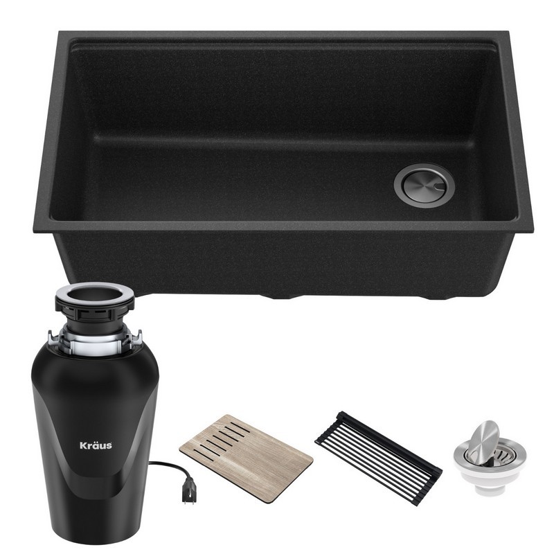 KRAUS KGUW2-33MB-100-75MB BELLUCCI WORKSTATION 33 IN. UNDERMOUNT GRANITE COMPOSITE SINGLE BOWL KITCHEN SINK IN METALLIC BLACK WITH ACCESSORIES AND WASTEGUARD CONTINUOUS FEED GARBAGE DISPOSAL