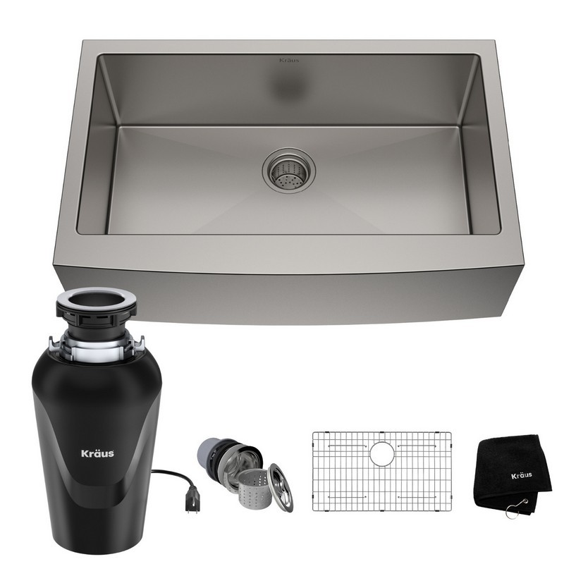 KRAUS KHF200-33-100-75MB STANDART PRO 33 INCH 16 GAUGE SINGLE BOWL STAINLESS STEEL FARMHOUSE KITCHEN SINK WITH WASTEGUARD CONTINUOUS FEED GARBAGE DISPOSAL