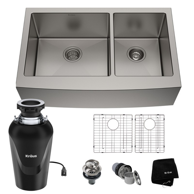 KRAUS KHF203-36-100-75MB STANDART PRO 36 INCH 16 GAUGE 60/40 DOUBLE BOWL STAINLESS STEEL FARMHOUSE KITCHEN SINK WITH WASTEGUARD CONTINUOUS FEED GARBAGE DISPOSAL