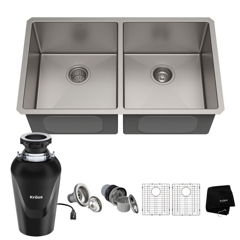 KRAUS KHU102-33-100-75MB STANDART PRO 33 INCH 16 GAUGE UNDERMOUNT 50/50 DOUBLE BOWL STAINLESS STEEL KITCHEN SINK WITH WASTEGUARD CONTINUOUS FEED GARBAGE DISPOSAL
