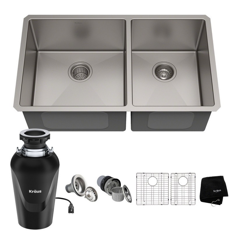 KRAUS KHU103-33-100-75MB STANDART PRO 33 INCH 16 GAUGE UNDERMOUNT 60/40 DOUBLE BOWL STAINLESS STEEL KITCHEN SINK WITH WASTEGUARD CONTINUOUS FEED GARBAGE DISPOSAL
