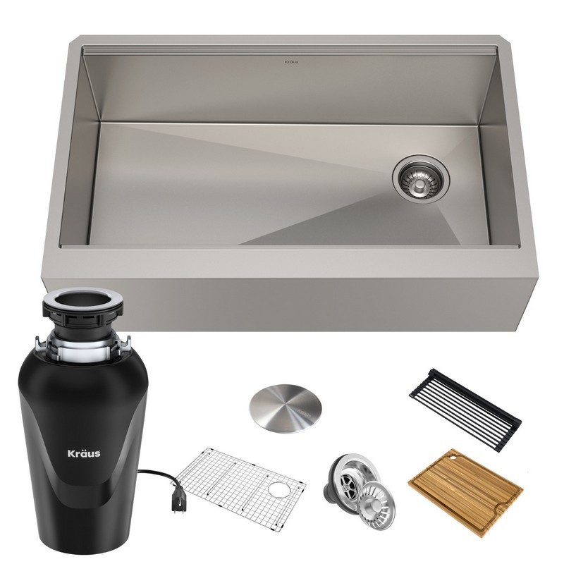 KRAUS KWF410-33-100-75MB KORE WORKSTATION 33 INCH FARMHOUSE FLAT APRON FRONT 16 GAUGE SINGLE BOWL STAINLESS STEEL KITCHEN SINK WITH ACCESSORIES (PACK OF 5) WITH WASTEGUARD CONTINUOUS FEED GARBAGE DISPOSAL