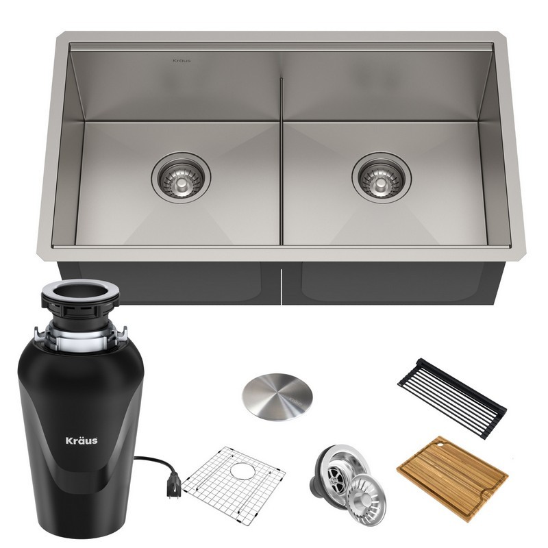 KRAUS KWU112-33-100-75MB KORE WORKSTATION 33 INCH UNDERMOUNT 16 GAUGE DOUBLE BOWL STAINLESS STEEL KITCHEN SINK WITH ACCESSORIES (PACK OF 8) WITH WASTEGUARD CONTINUOUS FEED GARBAGE DISPOSAL