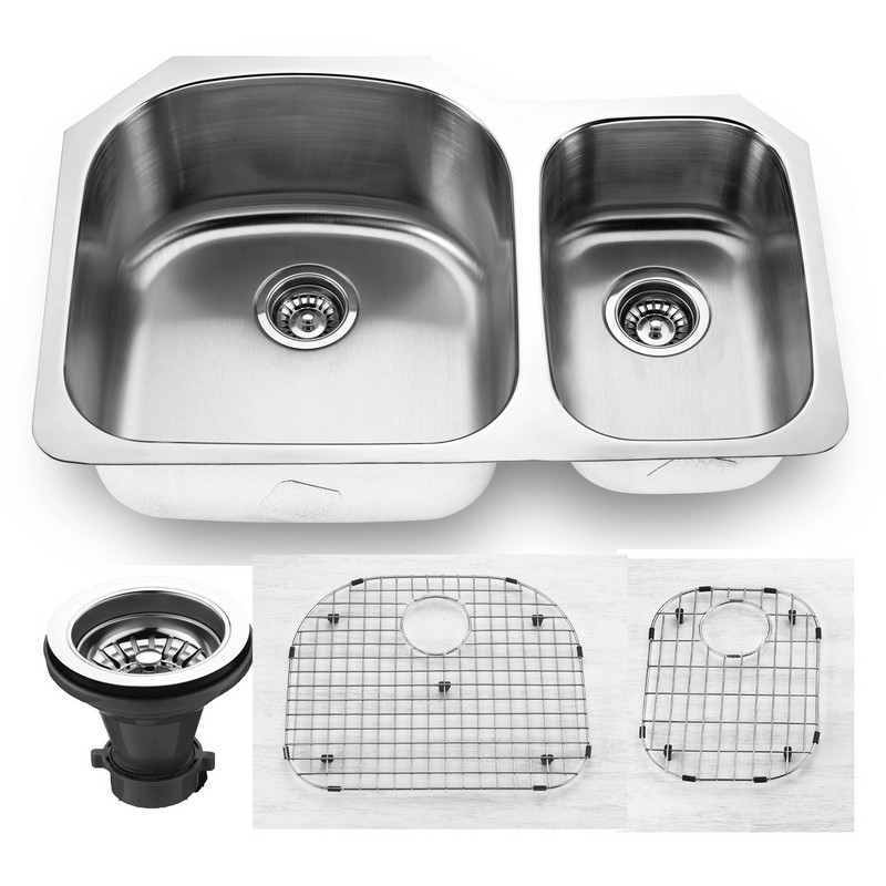 EMPIRE INDUSTRIES SP-5C PREMIUM 31.5 INCH UNDERMOUNT 16 GAUGE STAINLESS STEEL 65/35 DOUBLE BOWL KITCHEN SINK WITH GRID AND STRAINER