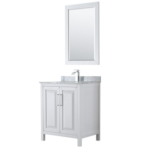 WYNDHAM COLLECTION WCV252530SWHCMUNSM24 DARIA 30 INCH SINGLE BATHROOM VANITY IN WHITE WITH WHITE CARRARA MARBLE COUNTERTOP, UNDERMOUNT SQUARE SINK AND 24 INCH MIRROR