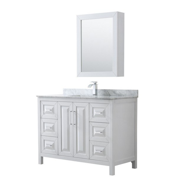WYNDHAM COLLECTION WCV252548SWHCMUNSMED DARIA 48 INCH SINGLE BATHROOM VANITY IN WHITE WITH WHITE CARRARA MARBLE COUNTERTOP, UNDERMOUNT SQUARE SINK AND MEDICINE CABINET