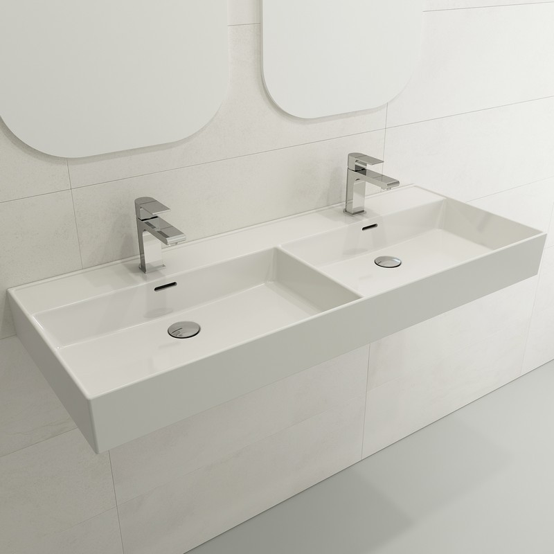 BOCCHI 1393-0132 MILANO 47.75 INCH WALL-MOUNTED SINK FIRECLAY DOUBLE BOWL FOR TWO 1-HOLE FAUCETS WITH OVERFLOWS
