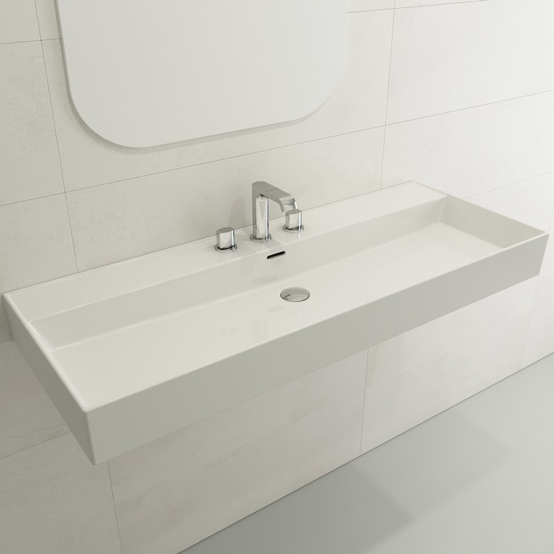 BOCCHI 1394-0127 MILANO 47.75 INCH WALL-MOUNTED SINK FIRECLAY 3-HOLE WITH OVERFLOW