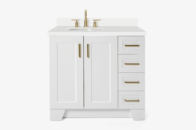 ARIEL Q037SLWQOVO TAYLOR 37 INCH LEFT OFFSET OVAL SINK VANITY WITH WHITE QUARTZ COUNTERTOP