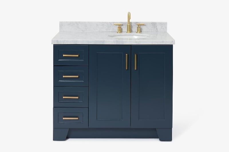 ARIEL Q043SRCWOVO TAYLOR 43 INCH RIGHT OFFSET OVAL SINK VANITY WITH CARRARA WHITE MARBLE COUNTERTOP