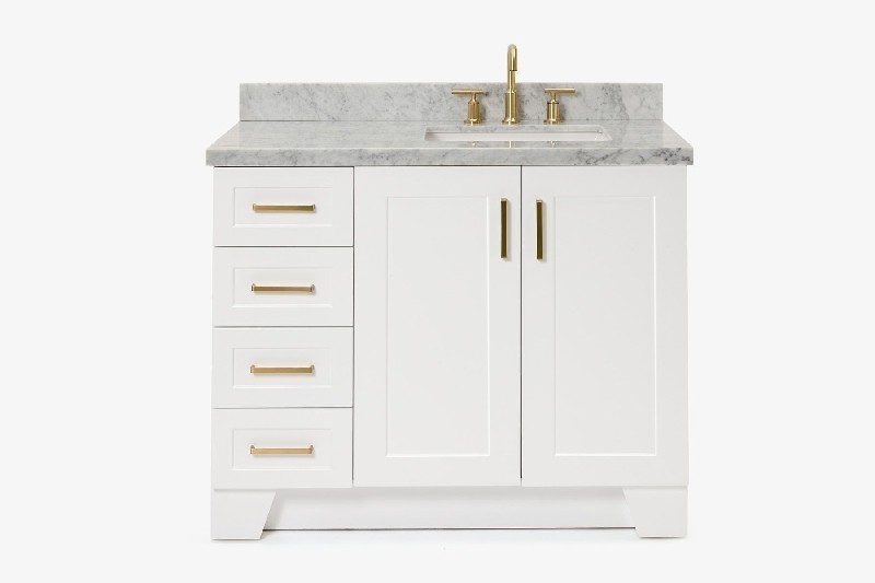 ARIEL Q043SRCWRVO TAYLOR 43 INCH RIGHT OFFSET RECTANGLE SINK VANITY WITH CARRARA WHITE MARBLE COUNTERTOP