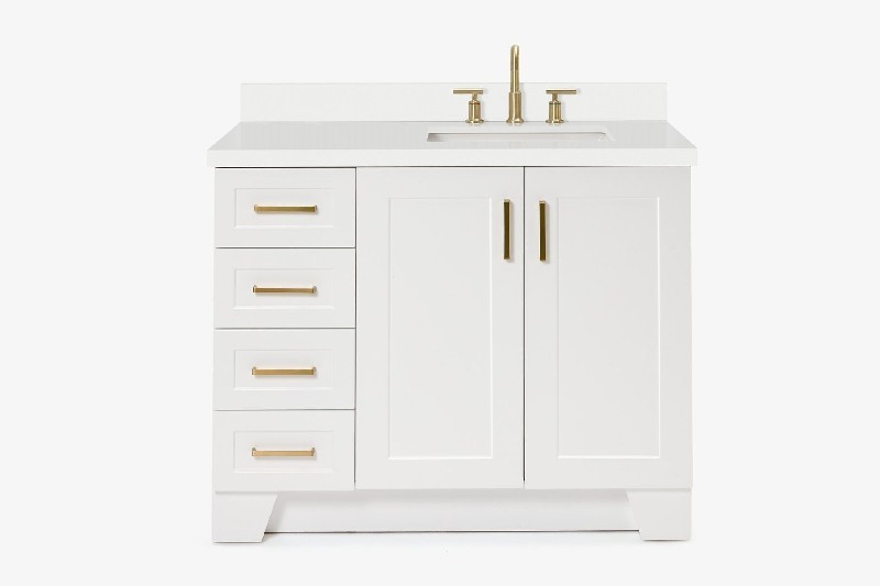 ARIEL Q043SRWQRVO TAYLOR 43 INCH RIGHT OFFSET RECTANGLE SINK VANITY WITH WHITE QUARTZ COUNTERTOP