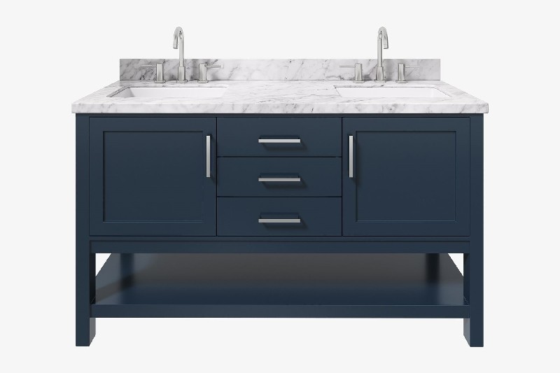 ARIEL R061DCWRVO BAYHILL 61 INCH DOUBLE RECTANGLE SINK VANITY WITH CARRARA WHITE MARBLE COUNTERTOP