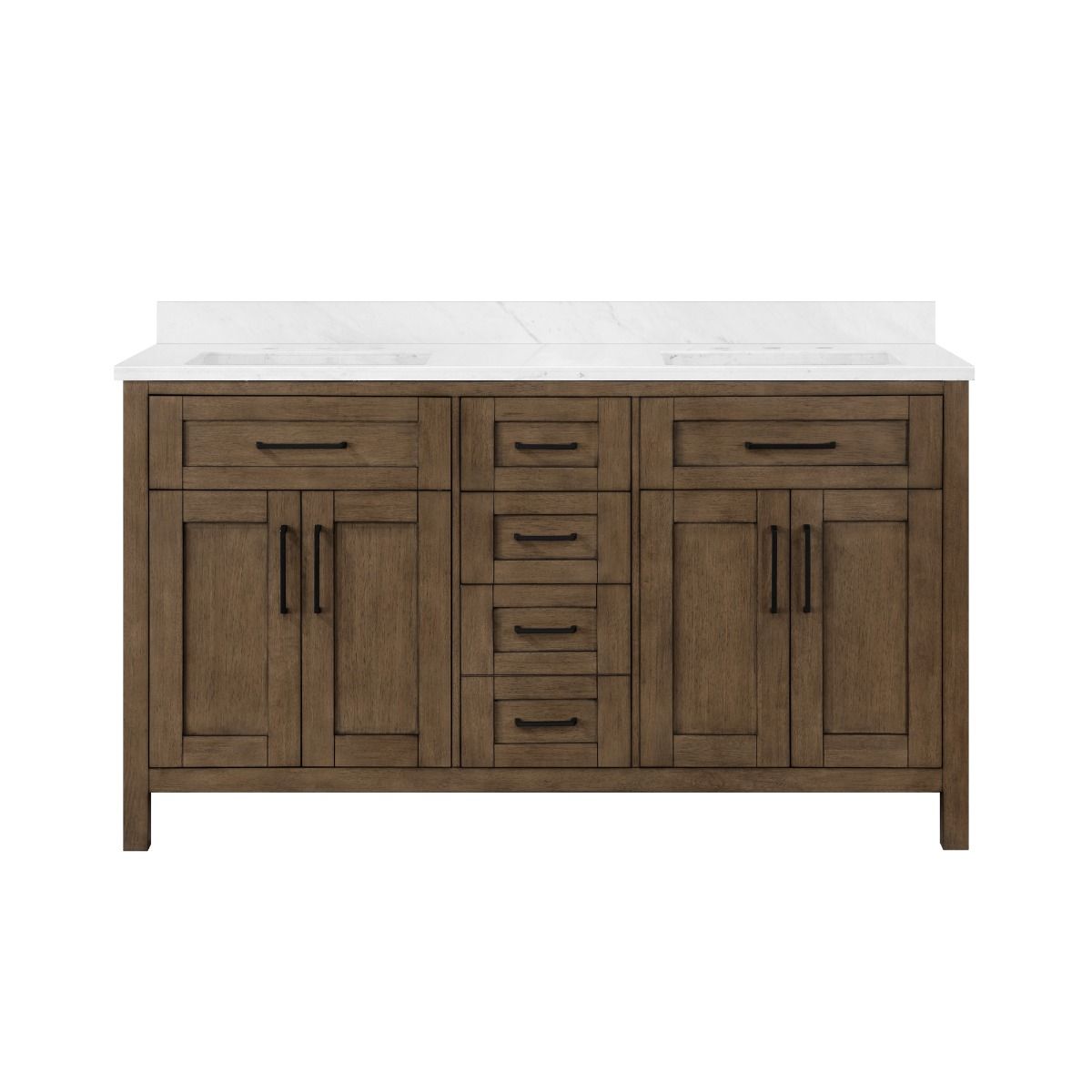 OVE DECORS 15VVA-TAH660-059FY TAHOE VI 60 INCH DOUBLE SINK BATHROOM VANITY MARBLE COUNTERTOP IN ALMOND LATTE AND BLACK HARDWARE WITH POWER BAR
