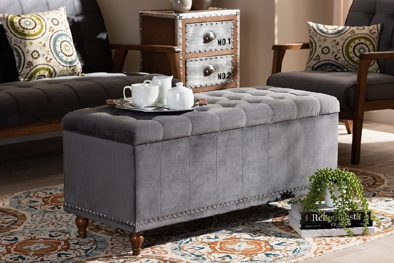 BAXTON STUDIO BBT3137 KAYLEE 41 3/4 INCH MODERN AND CONTEMPORARY VELVET FABRIC UPHOLSTERED BUTTON-TUFTED STORAGE OTTOMAN BENCH