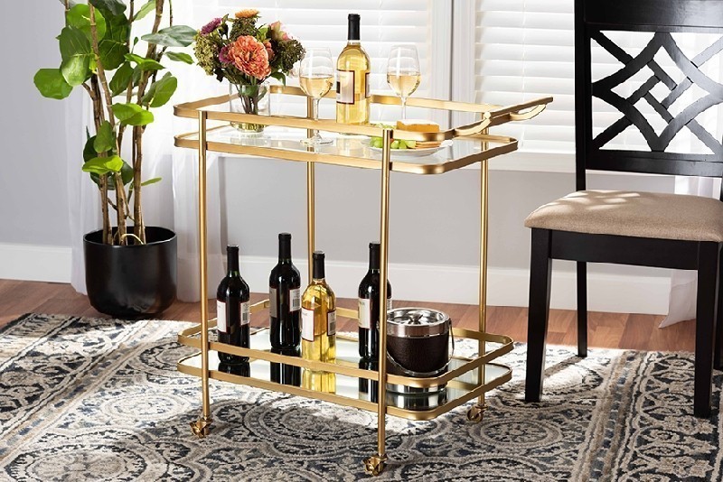 BAXTON STUDIO JY20A263-GOLD-CART DESTIN 31 3/4 INCH MODERN AND CONTEMPORARY GLAM METAL AND MIRRORED GLASS TWO-TIER MOBILE WINE BAR CART - BRUSHED GOLD