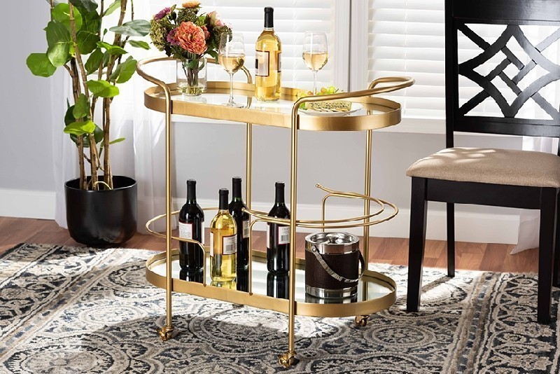 BAXTON STUDIO JY20A268-GOLD-CART KAMAL 31 7/8 INCH MODERN AND CONTEMPORARY GLAM METAL AND MIRRORED GLASS TWO-TIER MOBILE WINE BAR CART - BRUSHED GOLD