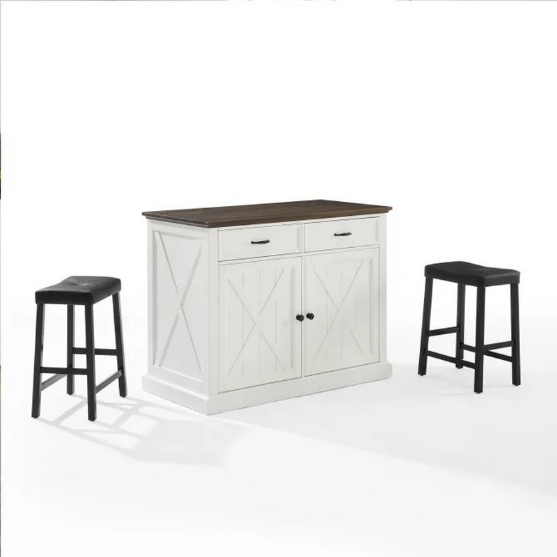 CROSLEY KF30071WH-BK CLIFTON KITCHEN ISLAND WITH UPH SADDLE STOOLS IN DISTRESSED WHITE AND BLACK