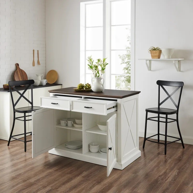 CROSLEY KF30073WH-BK CLIFTON KITCHEN ISLAND WITH CAMILLE STOOLS DISTRESSED IN WHITE AND BLACK