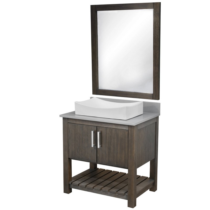 NOVATTO NOBV-30-280-1141-MIR 30 INCH FREE-STANDING SINGLE VESSEL WHITE PORCELAIN SINK BATHROOM VANITY WITH STORM GREY QUARTZ TOP AND MIRROR
