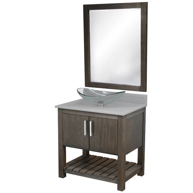 NOVATTO NOBV-30-280-324C-MIR 30 INCH FREE-STANDING SINGLE VESSEL CLEAR GLASS SINK BATHROOM VANITY WITH STORM GREY QUARTZ TOP AND MIRROR